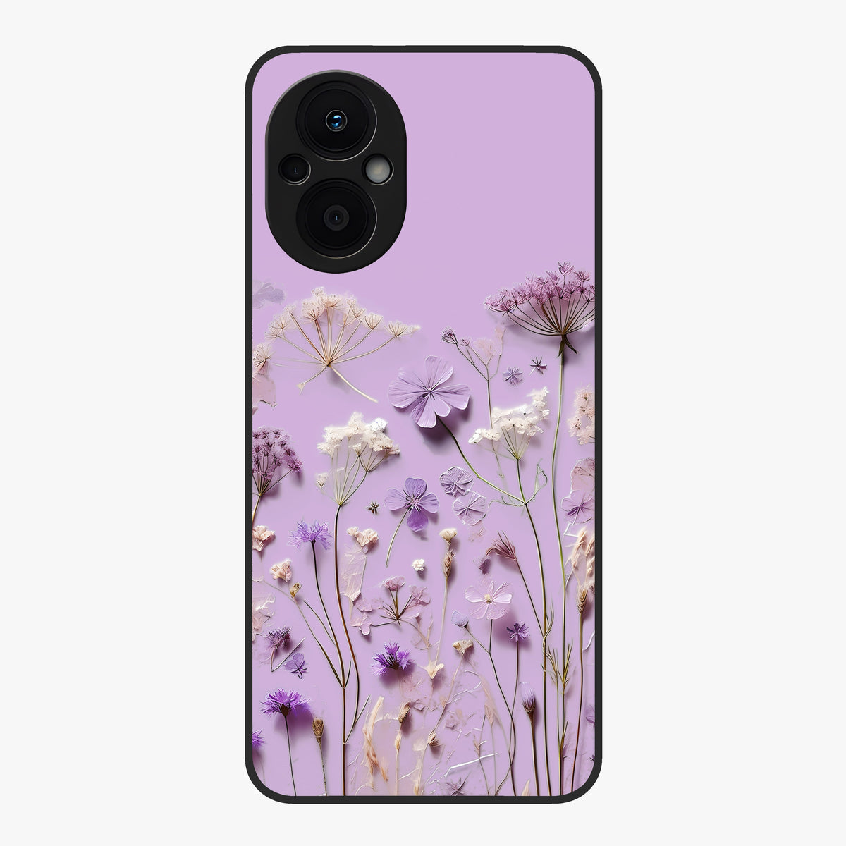 Lavender Blossom Dream Glass Case showing flat back view with soft lavender floral artwork and glossy glass finish.