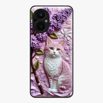 Lavender Cat Whimsy Glass Case showing flat back view with cute lavender cat artwork and glossy glass finish.
