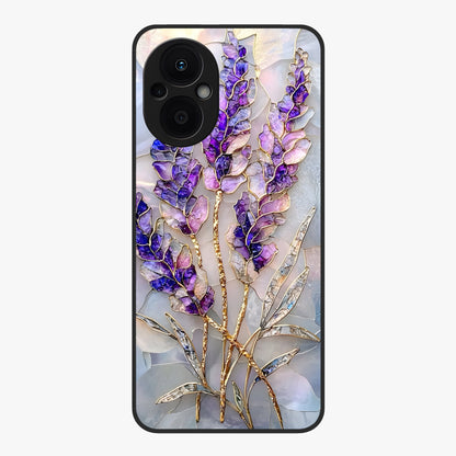Lavender Dream Glow Glass Case showing flat back view with glowing lavender aesthetic artwork and glossy glass finish.