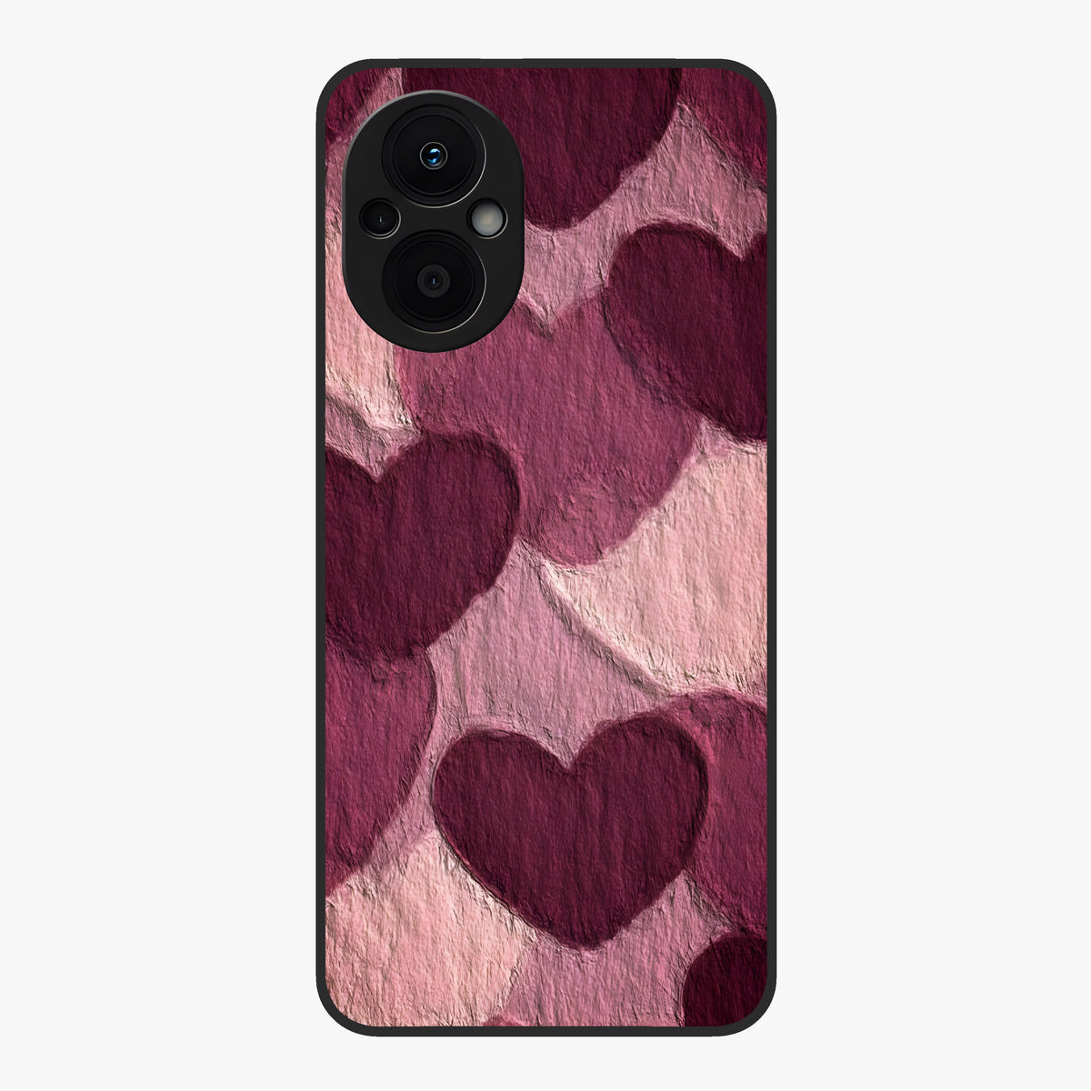 Layered Paper Hearts Glass Case showing flat back view with layered paper heart artwork and glossy glass finish.