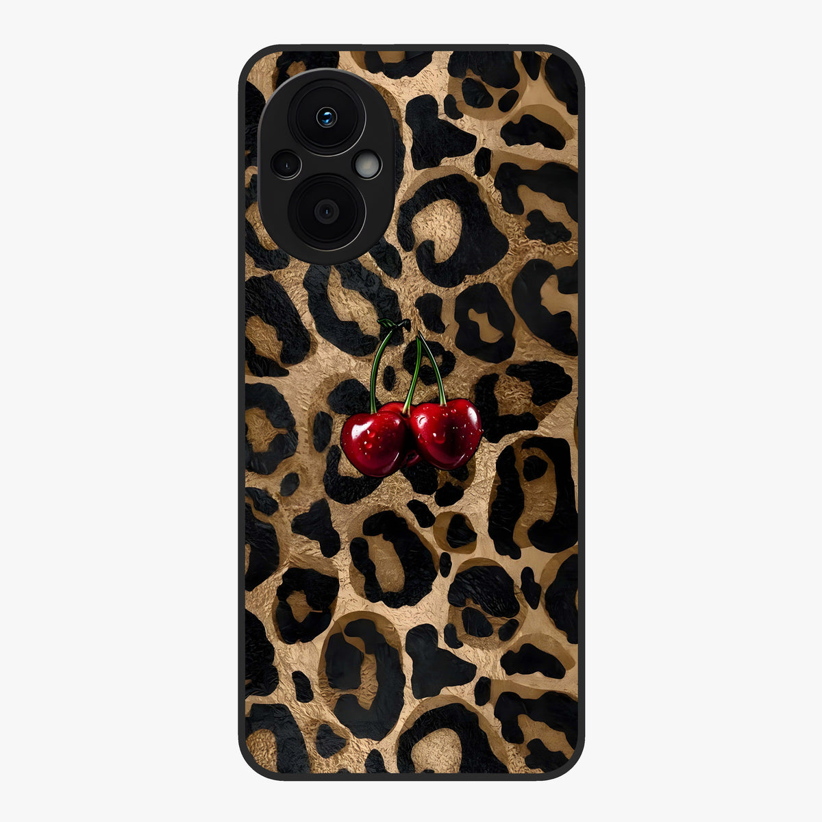 Leopard Wild Cherry Glass Case showing flat back view with leopard pattern and cherry artwork and glossy glass finish.