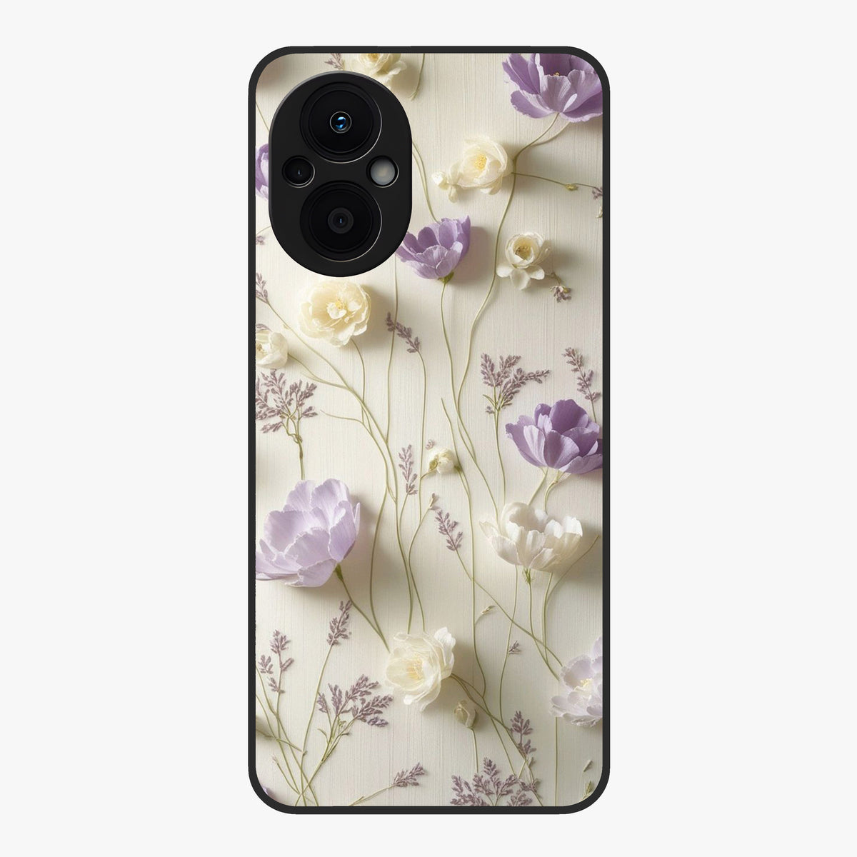Lilac Breeze Harmony Glass Case showing flat back view with soft lilac themed artwork and glossy glass finish.