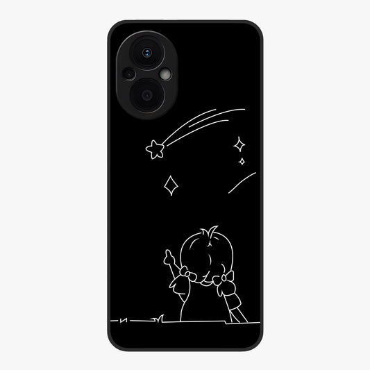Line Art Girl With Shooting Stars Glass Case showing flat back view with minimal line art girl and shooting stars illustration and glossy glass finish.