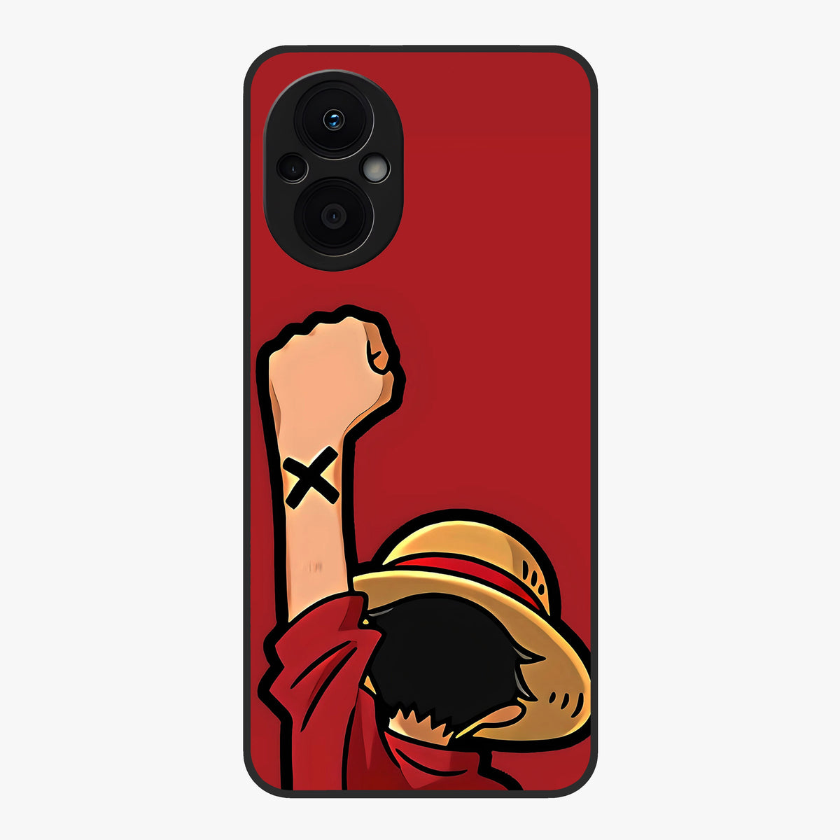 Luffy X Spirit Glass Case showing flat back view with bold anime character artwork and glossy glass finish.