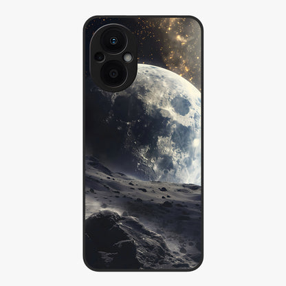 Lunar Horizon Glow Glass Case showing flat back view with glowing moon horizon artwork and glossy glass finish.