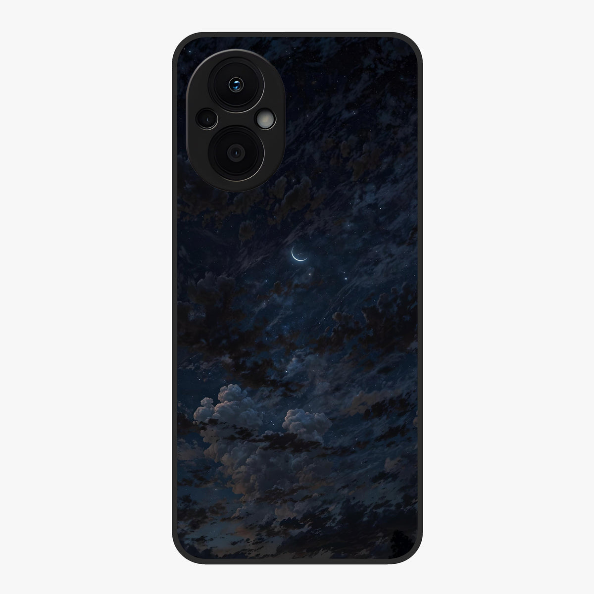 Lunar Veil Silence Glass Case showing flat back view with mystical moon veil artwork and glossy glass finish.
