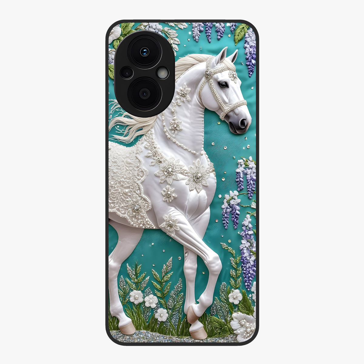 Majestic Floral Stallion Glass Case showing flat back view with powerful horse and floral artwork and glossy glass finish.
