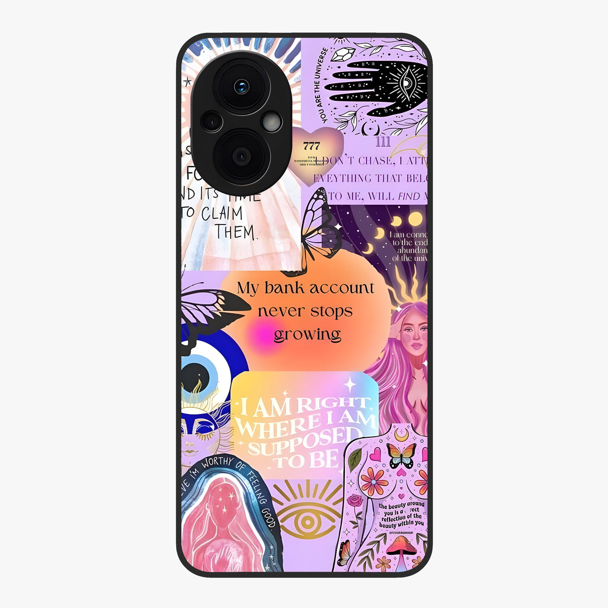 Manifestation Collage Glass Case showing flat back view with motivational collage artwork and glossy glass finish.