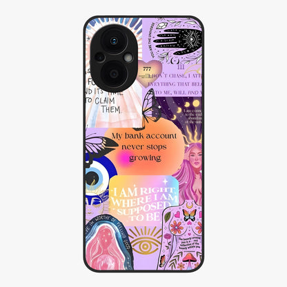 Manifestation Collage Glass Case showing flat back view with motivational collage artwork and glossy glass finish.