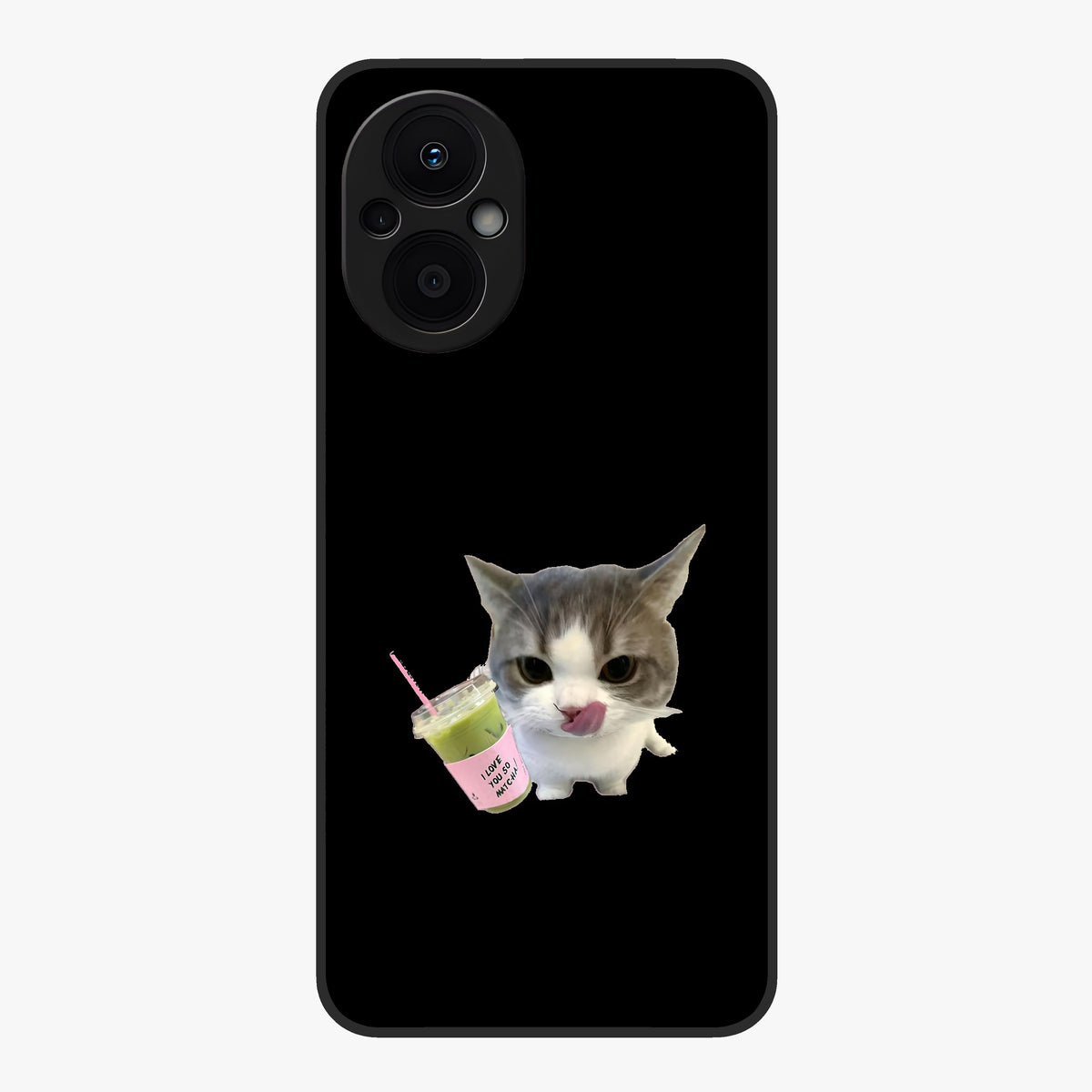 Matcha Cat Style Glass Case showing flat back view with cute matcha themed cat artwork and glossy glass finish.