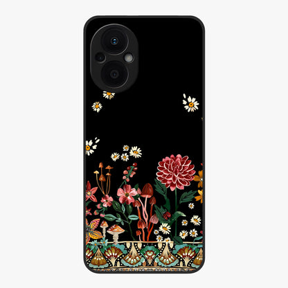 Midnight Bloom Pattern Glass Case showing flat back view with dark floral pattern artwork and glossy glass finish.