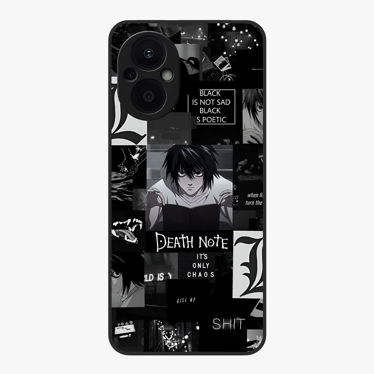 Midnight Chaos Mind Glass Case showing flat back view with abstract dark themed artwork and glossy glass finish.
