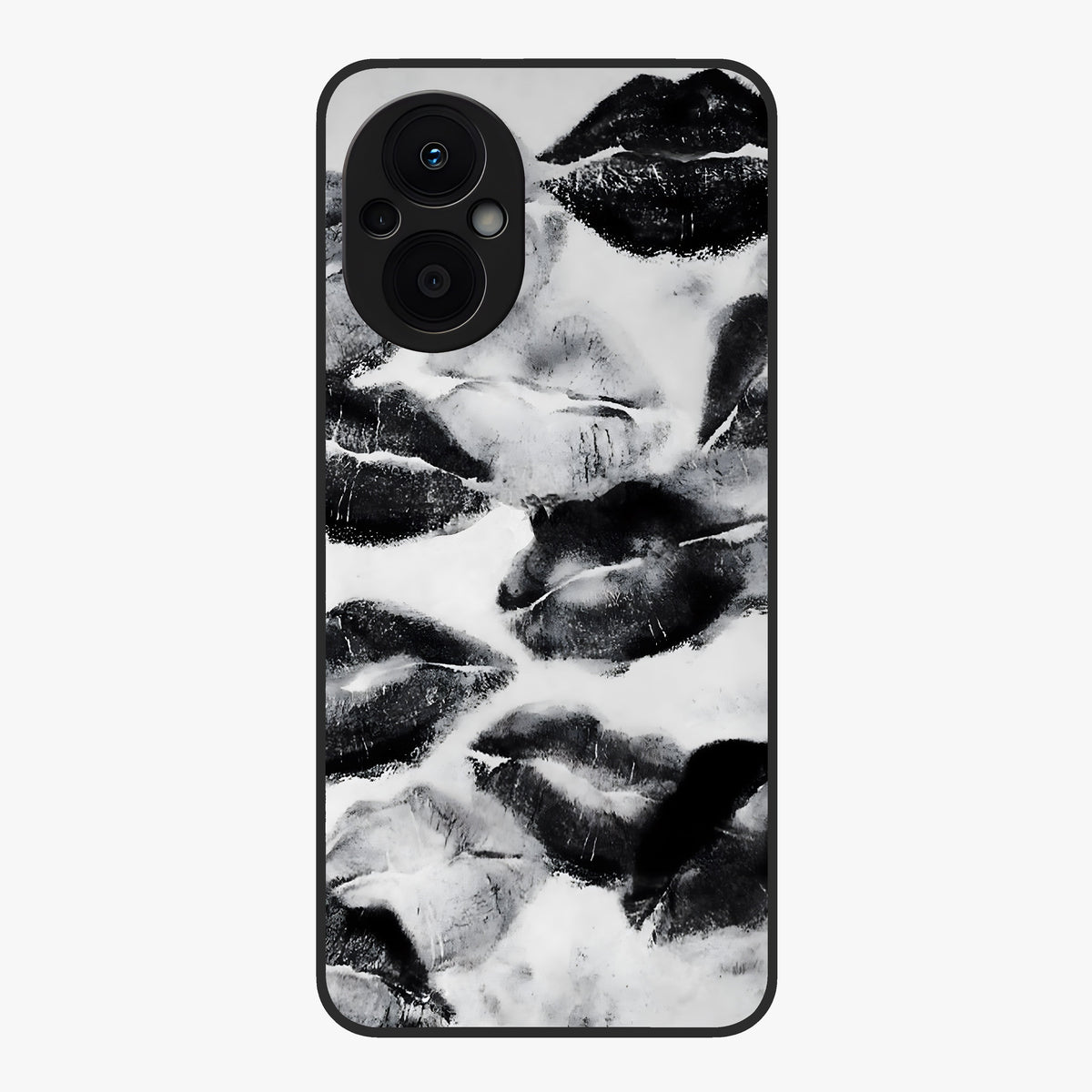 Midnight Kiss Marks Glass Case showing flat back view with lipstick kiss mark artwork and glossy glass finish.