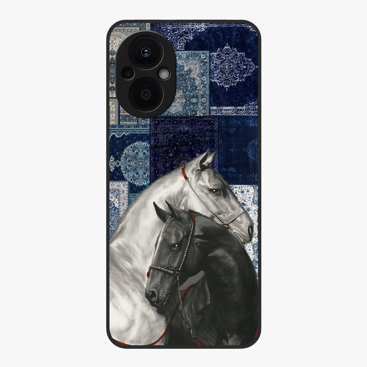 Midnight Stallion Blues Glass Case showing flat back view with majestic horse artwork and glossy glass finish.