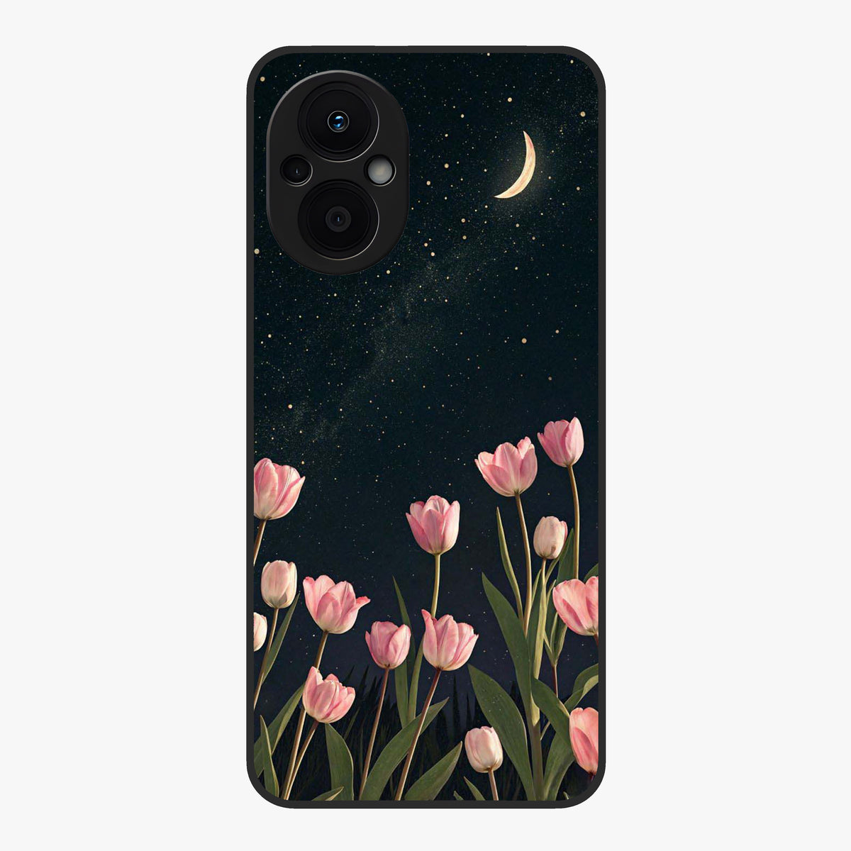 Midnight Tulip Whispers Vibe Glass Case showing flat back view with elegant tulip flower artwork and glossy glass finish.