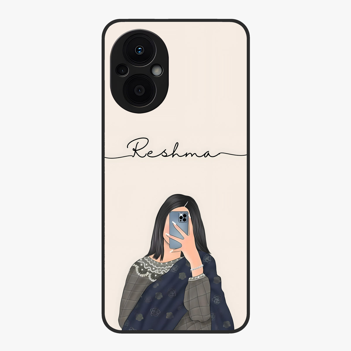 Mirror Mood Muse With Custom Name Glass Case showing flat back view with stylish mirrored artwork and personalized name design.