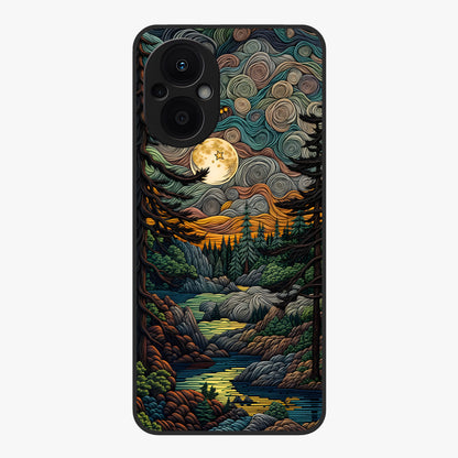 Moonlight Forest Dream Glass Case showing flat back view with mystical forest moonlight artwork and glossy glass finish.