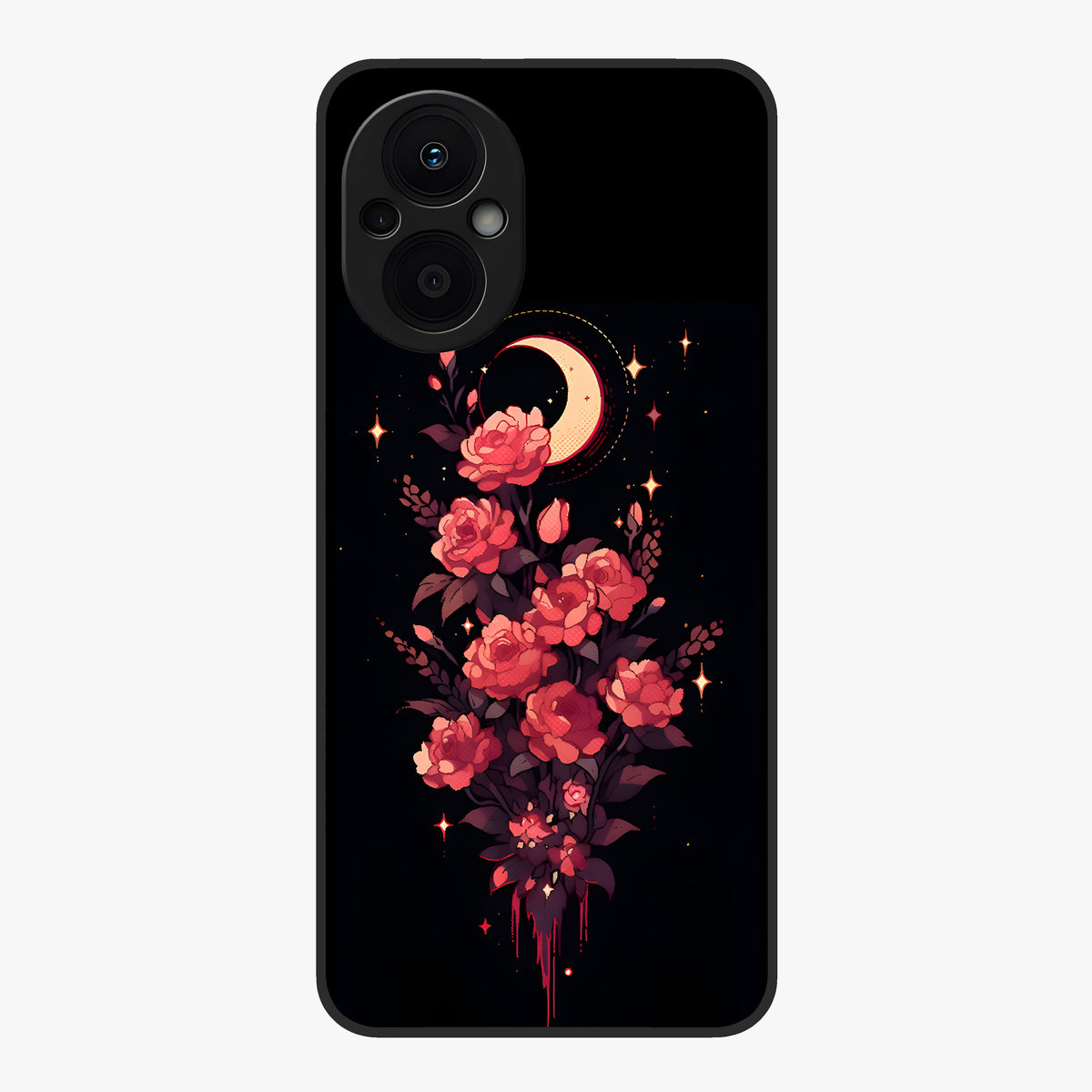 Moonlit Floral Elegance Glass Case showing flat back view with elegant floral artwork under moonlit tones and glossy glass finish.