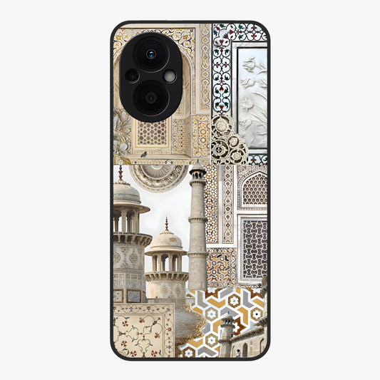 Mughal Marble Legacy Glass Case showing flat back view with intricate Mughal inspired marble pattern and glossy glass finish.