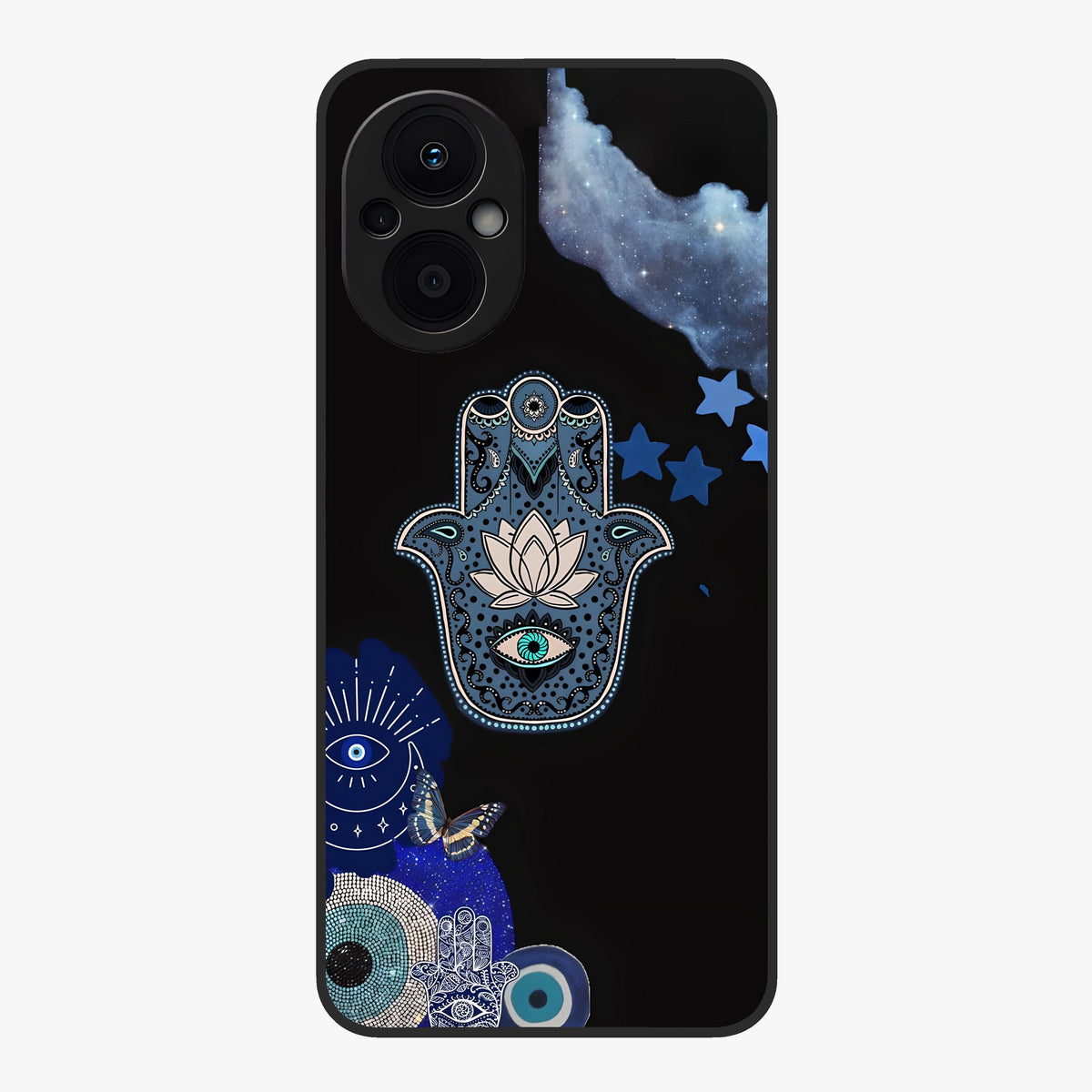 Mystic Hand Aura Glass Case showing flat back view with mystical hand symbol artwork and glossy glass finish.