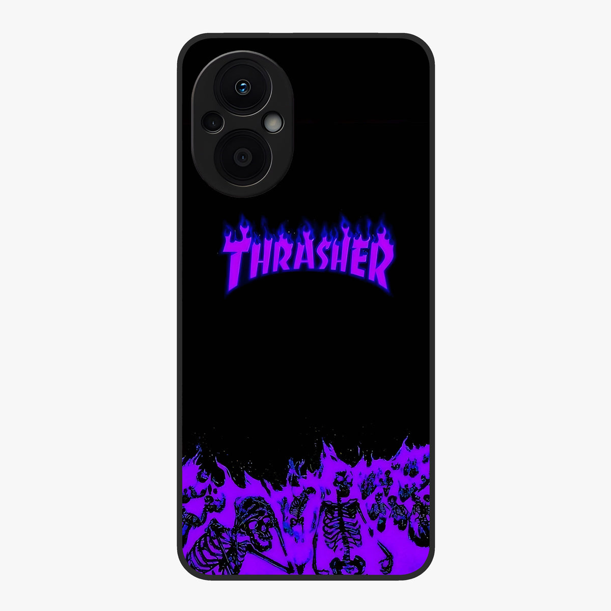 Neon Flame Riot Glass Case showing flat back view with neon flame artwork and glossy glass finish.
