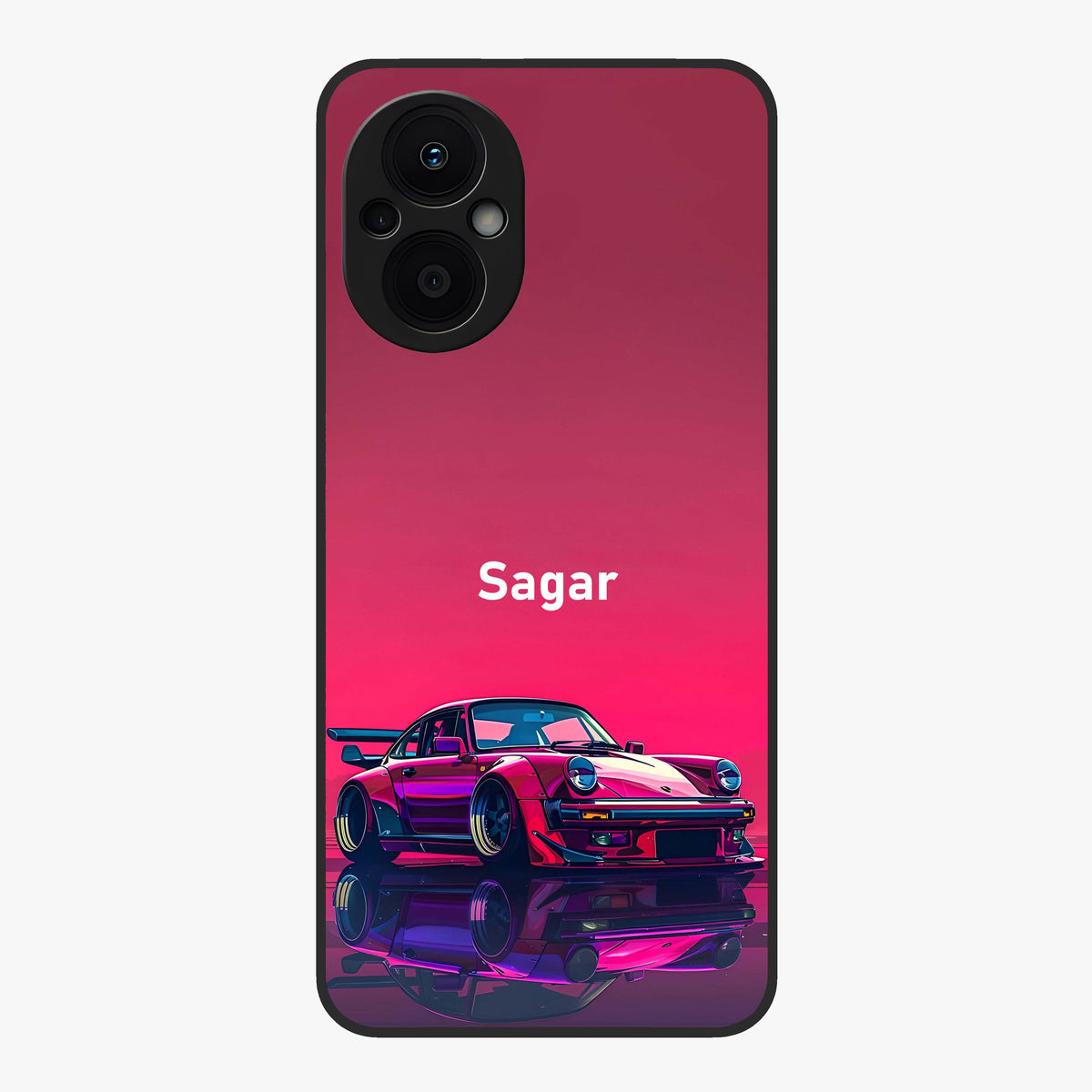 Neon Pink Porsche Glass Case showing flat back view with stylish sports car artwork and glossy glass finish.