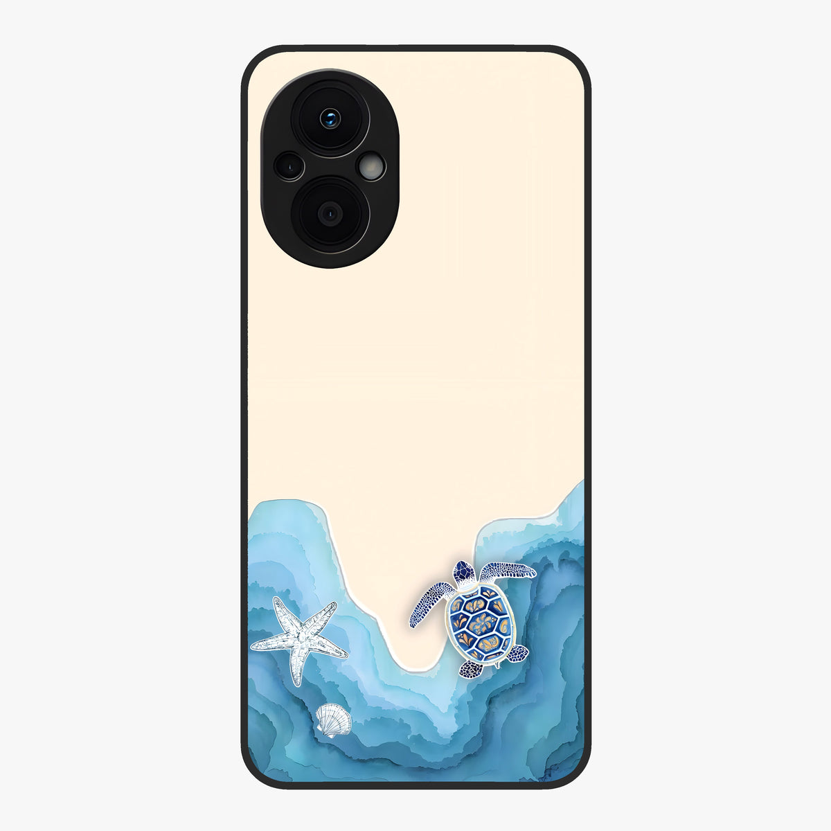 Ocean Drift Turtle Glass Case showing flat back view with sea turtle artwork and glossy glass finish.