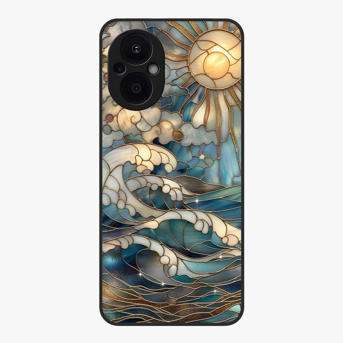 Oceanic Stained Printed Glass Case showing flat back view with ocean inspired stained pattern artwork and glossy glass finish.