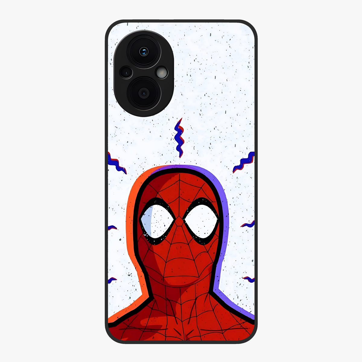 Omg Spiderman Glass Case showing flat back view with bold superhero inspired artwork and glossy glass finish.