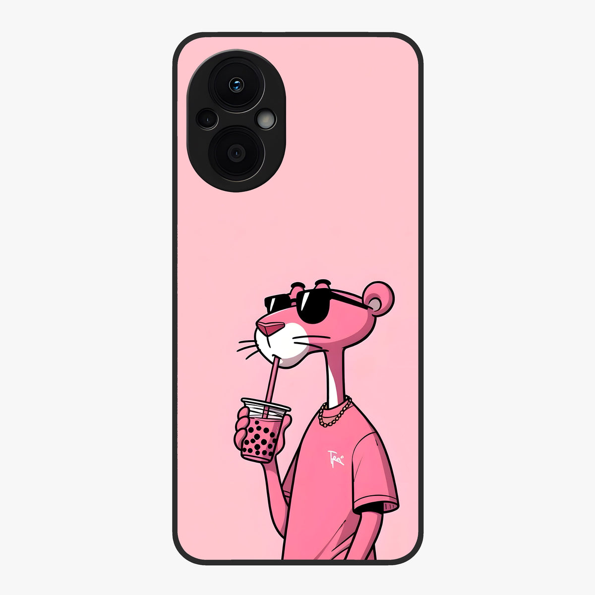 Pink Panther Glass Case showing flat back view with iconic pink panther artwork and glossy glass finish.