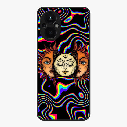 Psychedelic Sun Glass Case showing flat back view with colorful psychedelic sun artwork and glossy glass finish.