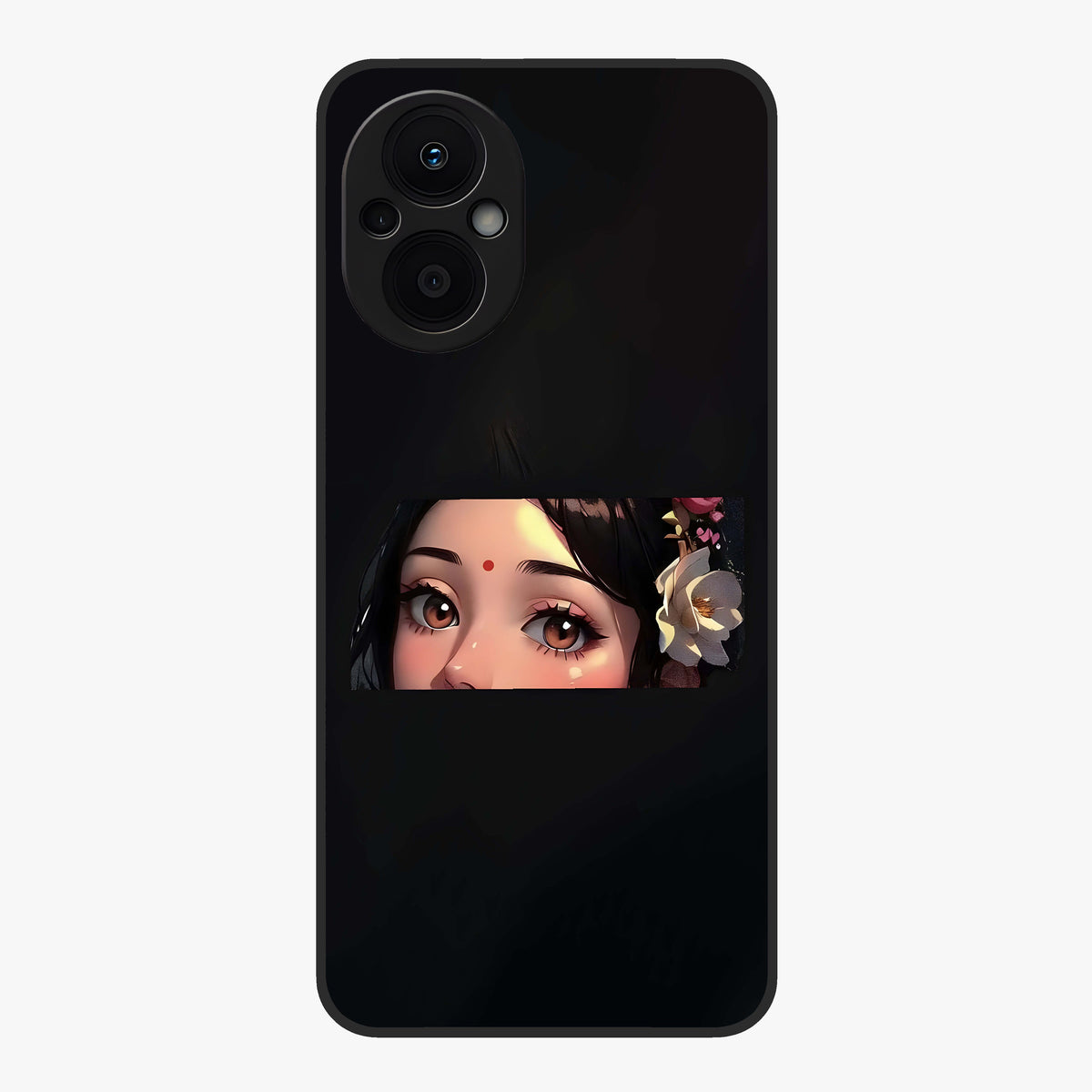 Radha Divine Embrace Glass Case showing flat back view with devotional Radha artwork and glossy glass finish.