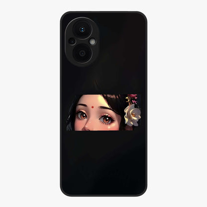 Radha Divine Embrace Glass Case showing flat back view with devotional Radha artwork and glossy glass finish.