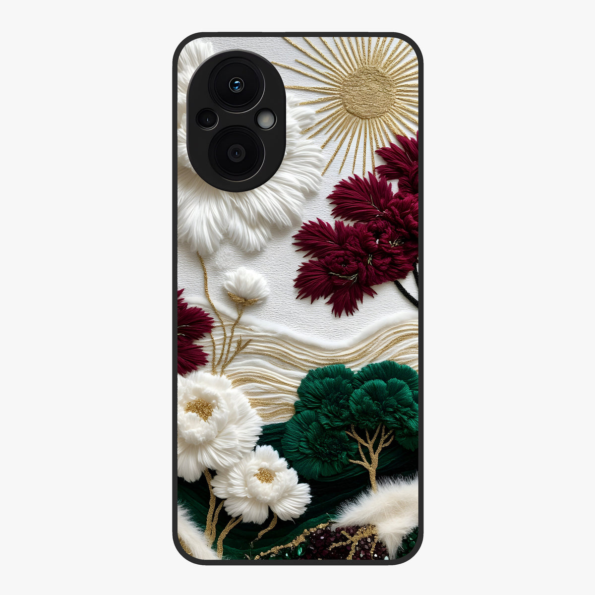 Radiant Bloom Elegance Glass Case showing flat back view with elegant blooming flower artwork and glossy glass finish.