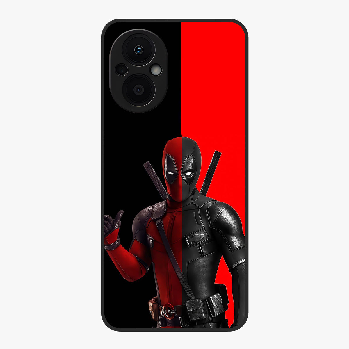 Red & Black Deadpool Theme Glass Case showing flat back view with bold comic inspired artwork and glossy glass finish.