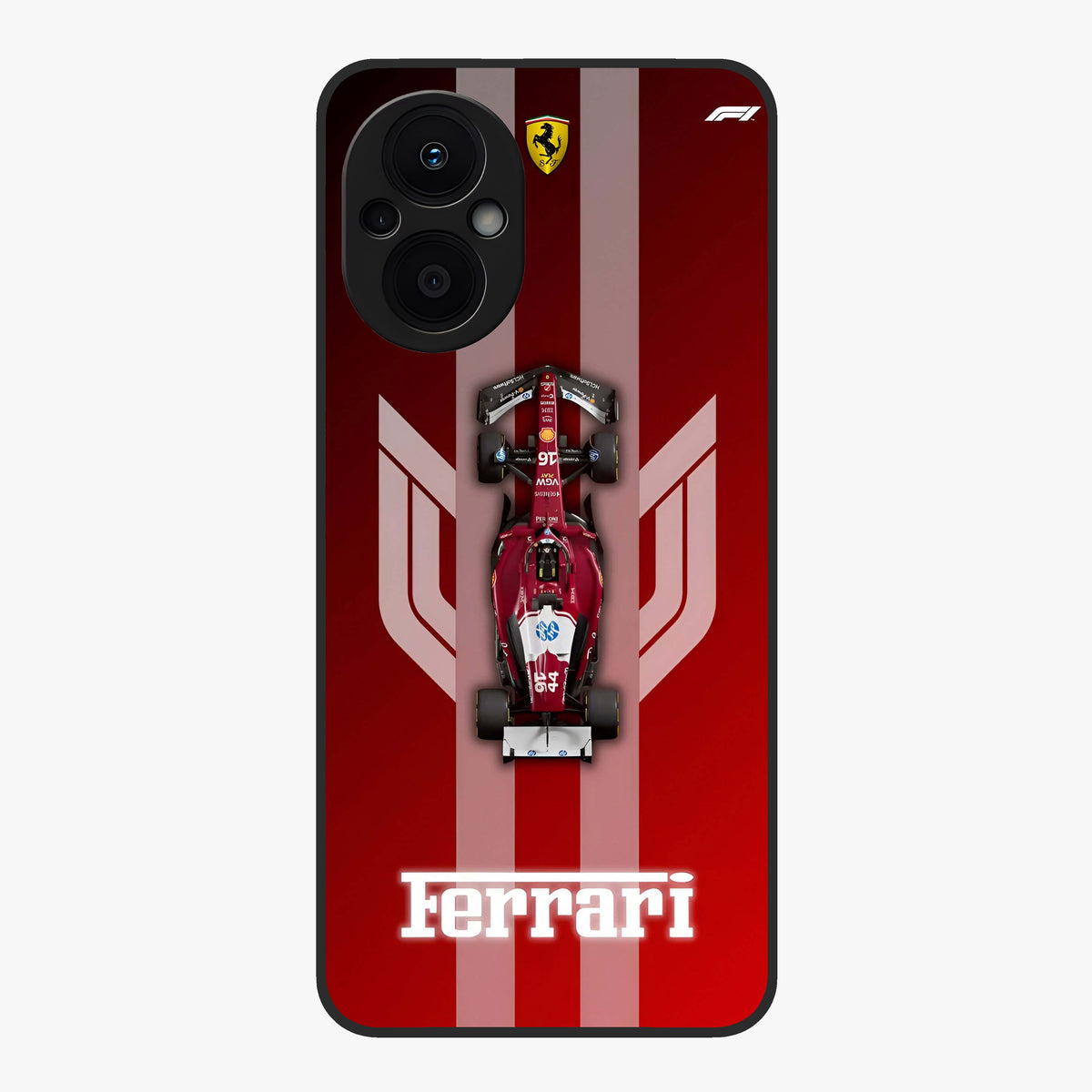 Red Ferrari F1 Vertical Glass Case showing flat back view with sleek Formula racing car artwork and glossy glass finish.
