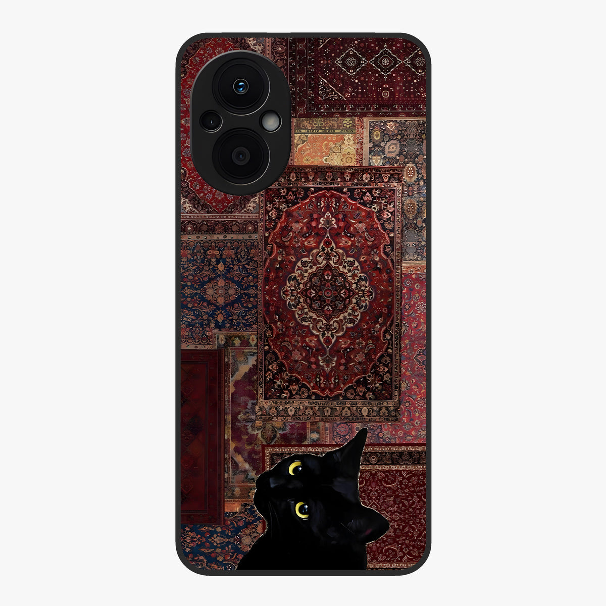 Regal Magic Cat Apple Glass Case showing flat back view with magical cat artwork holding apple and glossy glass finish.