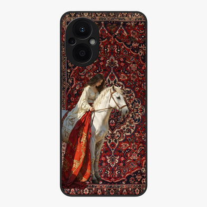Royal Rider Tapestry Glass Case showing flat back view with majestic horse rider tapestry artwork and glossy glass finish.