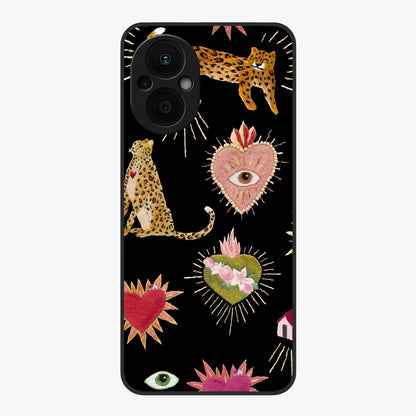 Sacred Jungle Heart Glass Case showing flat back view with jungle inspired heart artwork and glossy glass finish.