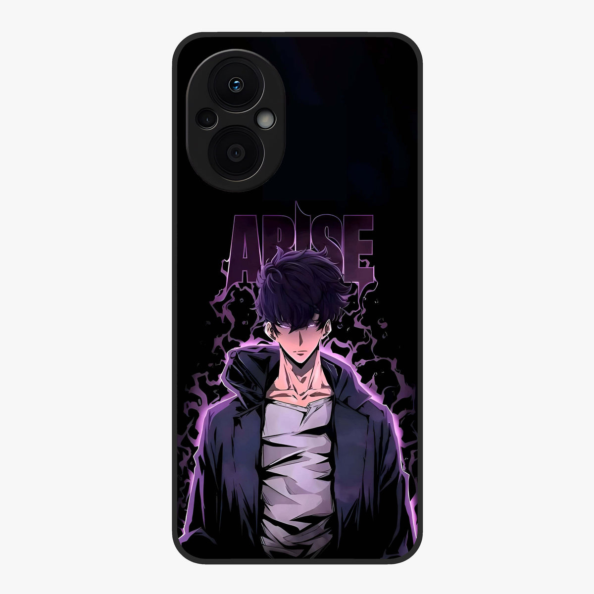 Shadow Monarch Awakening Glass Case showing flat back view with powerful dark monarch themed artwork and glossy glass finish.