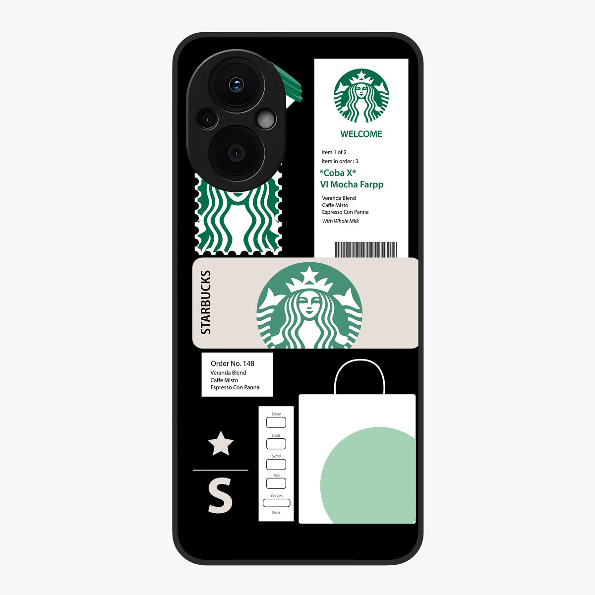 Starbucks Mocha Glass Case showing flat back view with coffee inspired artwork and glossy glass finish.