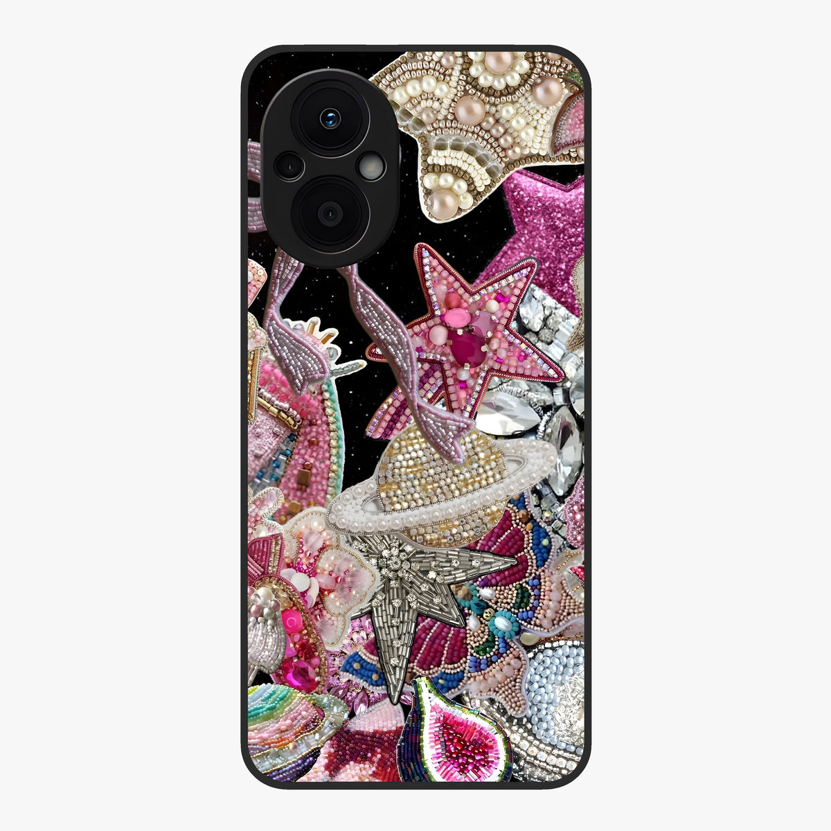 Starlit Jewel Dream Glass Case showing flat back view with sparkling jewel and star themed artwork and glossy glass finish.