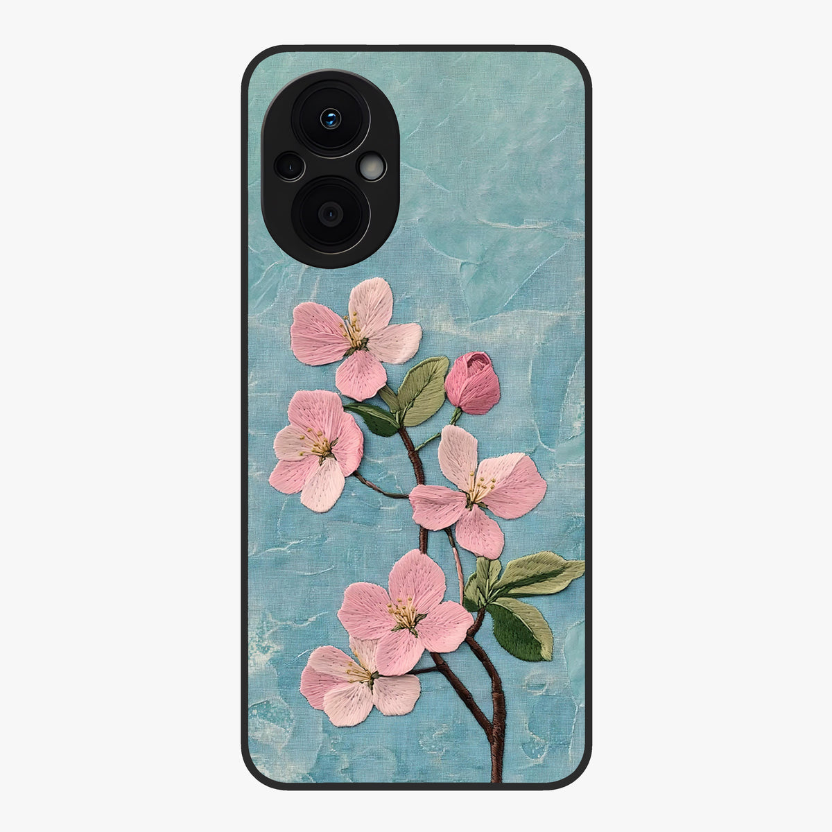 Threaded Blossom Breeze Glass Case showing flat back view with delicate blossom artwork and glossy glass finish.