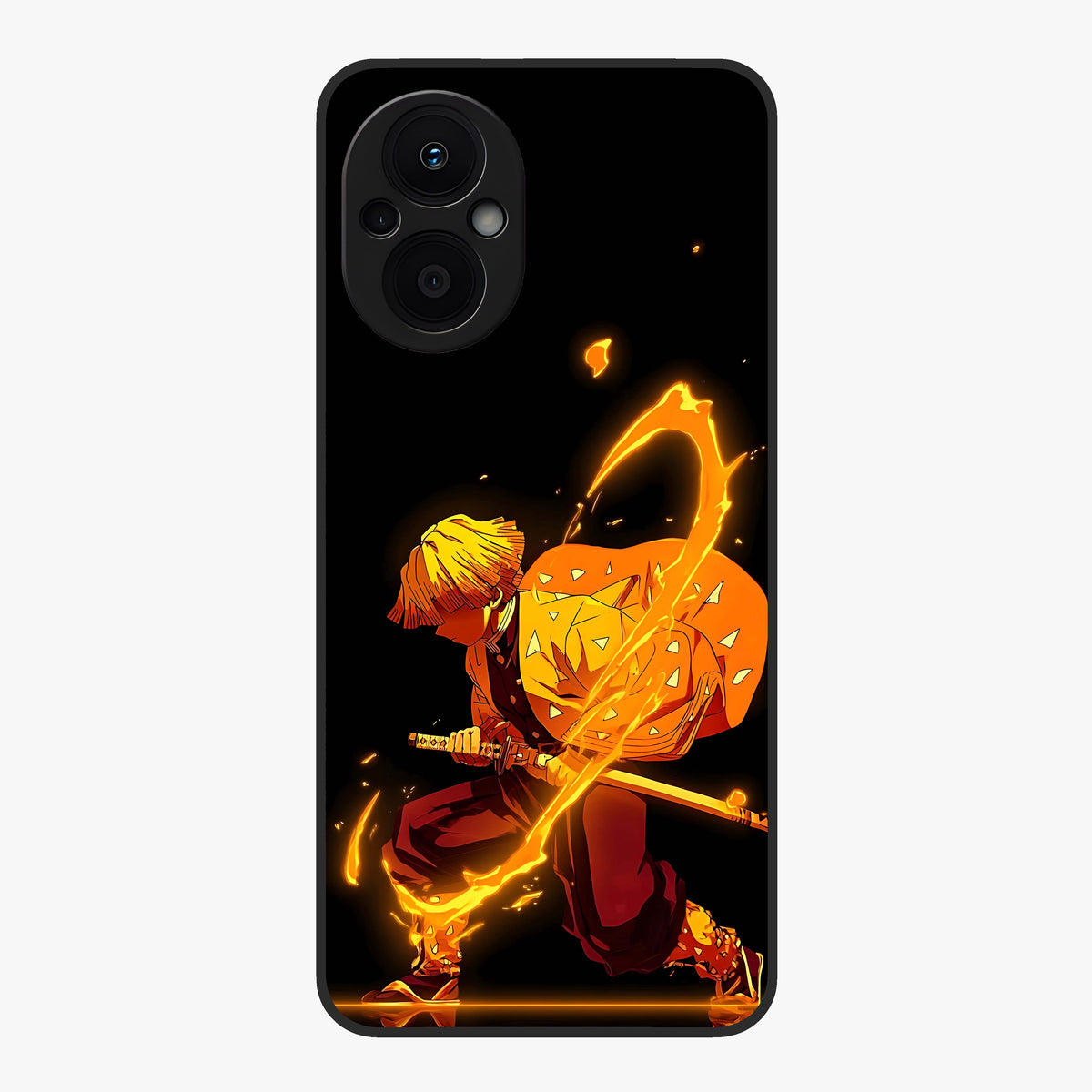 Thunder Flame Execution Glass Case showing flat back view with powerful flame and lightning artwork and glossy glass finish.