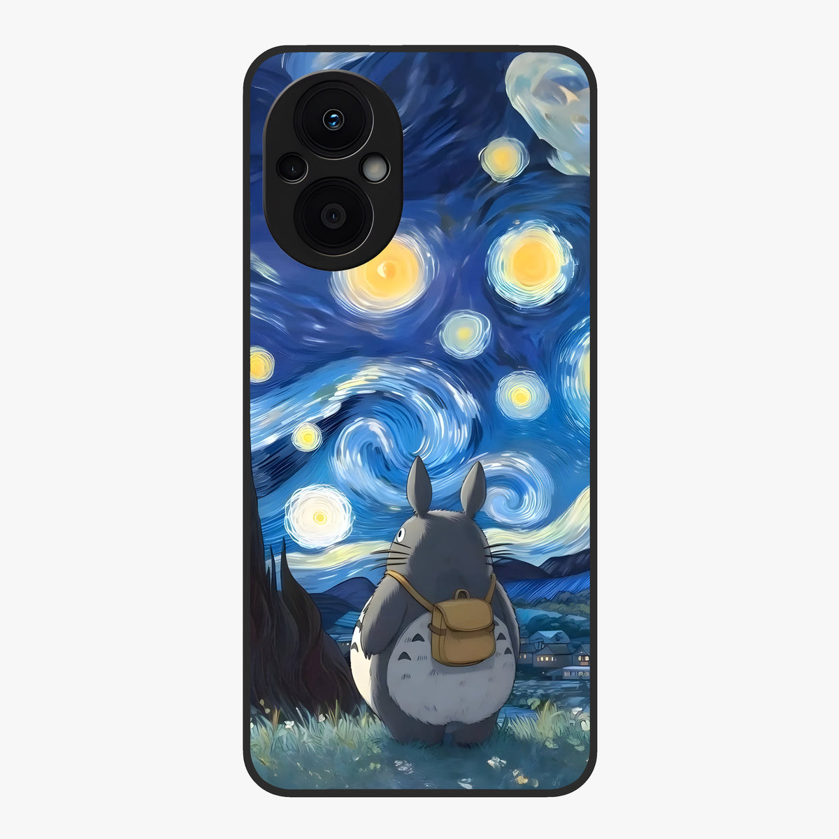 Totoro In Van Gogh Art Glass Case showing flat back view with whimsical character artwork inspired by Van Gogh style and glossy glass finish.