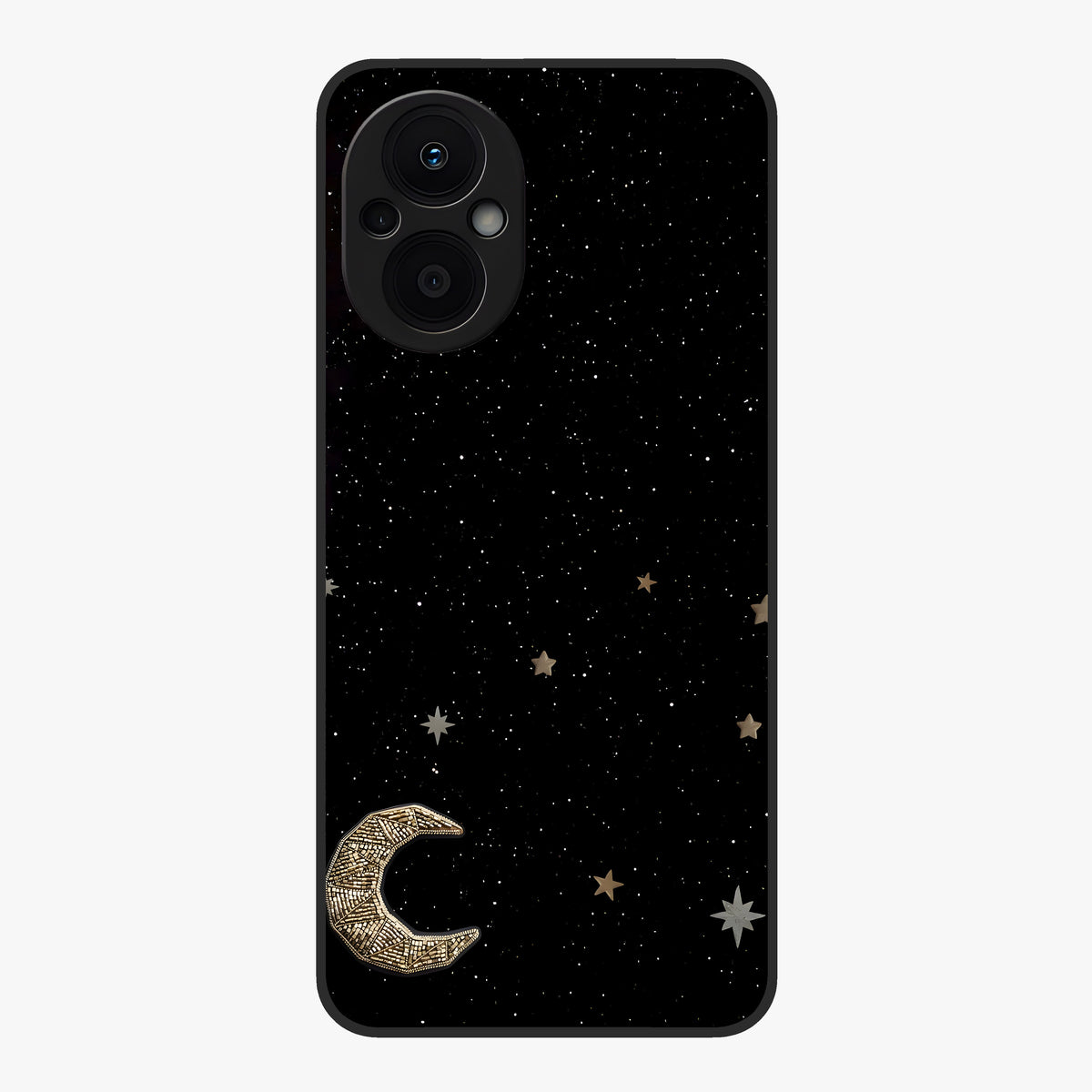 Twinkle Star With Half Moon Glass Case showing flat back view with star and half moon artwork and glossy glass finish.
