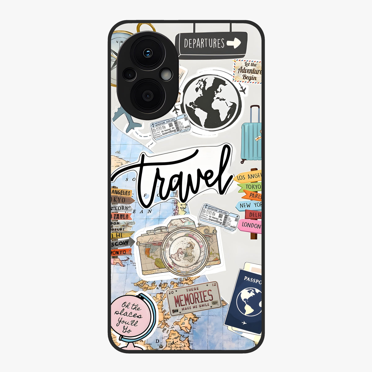 Wanderlust Journal Glass Case showing flat back view with travel inspired artwork and glossy glass finish.