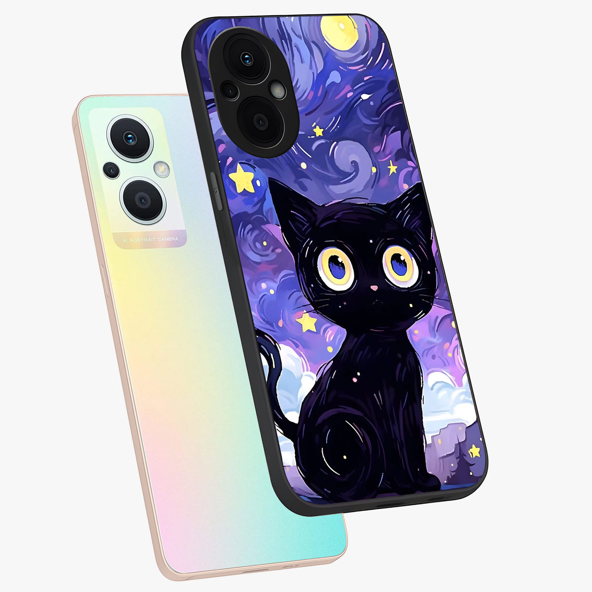 Abstract Cat Art Glass Case displayed in angled mockup highlighting modern abstract cat artwork and sleek glass surface.