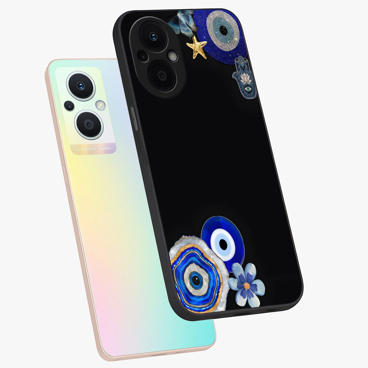 Aesthetic Blue Evil Eye Glass Case displayed in angled mockup highlighting blue evil eye symbol and spiritual aesthetic design.