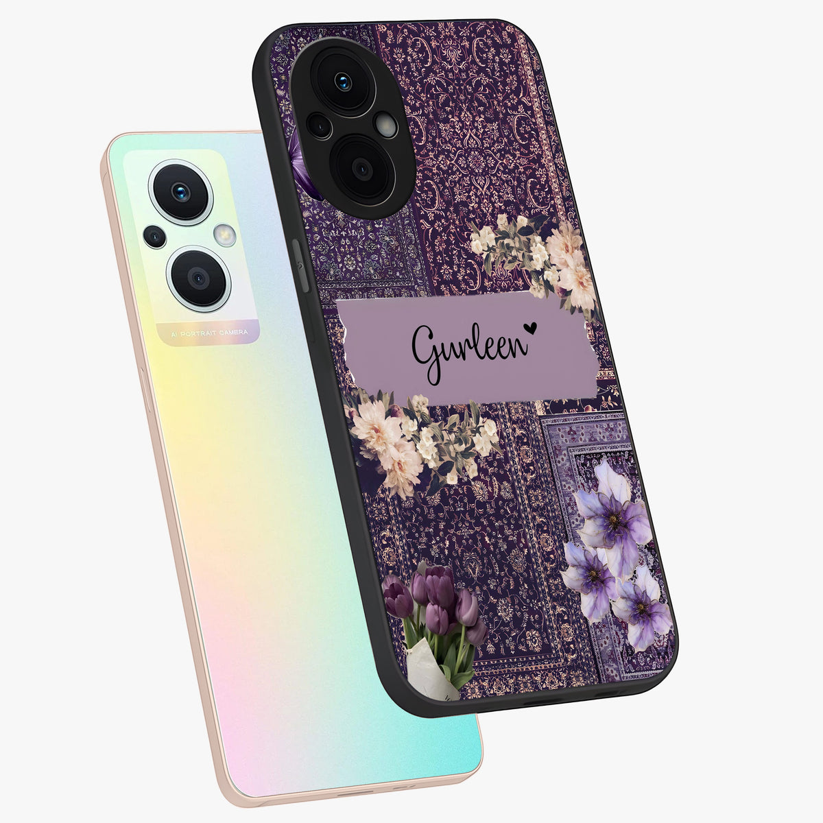 Antique Floral Whisper Custom Name Glass Case displayed in angled mockup highlighting elegant antique floral aesthetic.